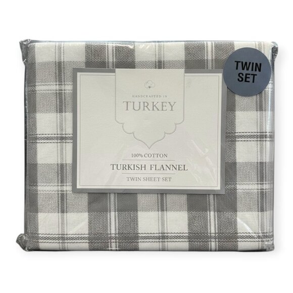 TURKISH COTTON 3 PIECE TWIN SHEET SET - Flannel 100% Cotton Gray/White - NWT - Picture 1 of 5